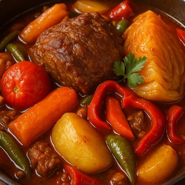 Enjoy assembling a puzzle depicting a close-up, hearty beef stew with tender chunks of meat, golden potatoes, baby carrots, cherry tomatoes, and vibrant red and