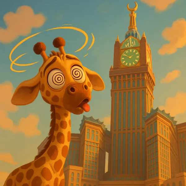 Discover a puzzle with a whimsical cartoon giraffe making a dizzy, tongue-out face in front of a majestic clock tower under a warm, golden sky.