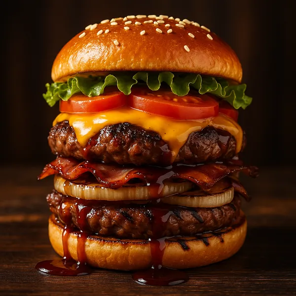 Enjoy assembling a puzzle depicting a towering cheeseburger stacked with two char-grilled patties, melted cheddar, crisp bacon, onion rings, juicy tomato slices