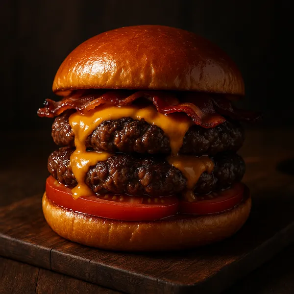 Discover a puzzle with a mouthwatering double cheeseburger topped with crispy bacon, gooey melted cheddar, sliced tomato, and a glossy brioche bun captured in w