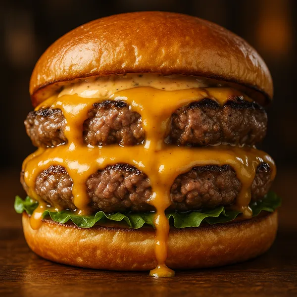 Discover a puzzle with a close-up, mouthwatering cheeseburger showcasing two juicy beef patties, glossy melted cheddar cascading down, crisp green lettuce, and