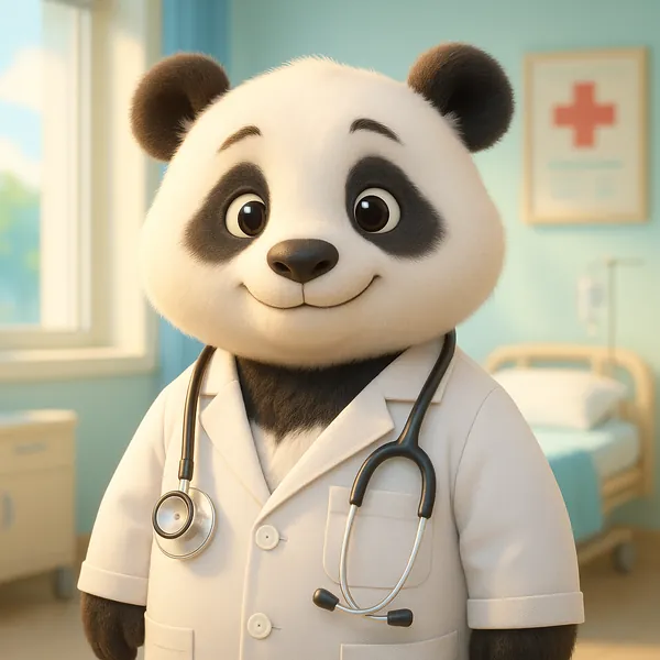 Discover a puzzle with an adorable cartoon panda dressed as a friendly doctor, standing in a softly lit pastel hospital room.