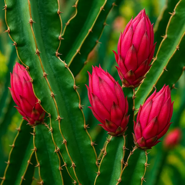 Discover a puzzle with a close-up view of striking cactus stems adorned with vivid pink flower buds.