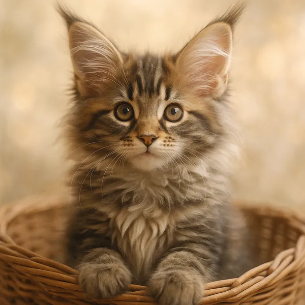 Discover a puzzle with an adorable fluffy tabby kitten nestled in a woven basket, its big curious eyes and soft whiskers front and center.