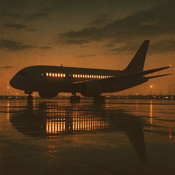 Discover a puzzle with a silhouetted passenger airplane parked on a rain-slick runway at dusk, its warm cabin lights glowing like a string of lanterns against a