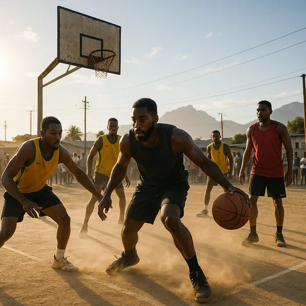 Play an online jigsaw puzzle in your browser that shows an outdoor basketball game, perfect for fans of sports and action scenes.