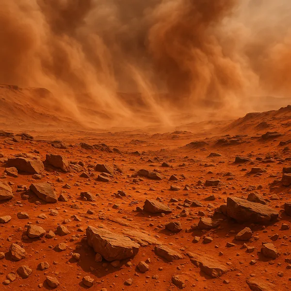 Discover a puzzle with a windswept, red-orange rocky landscape where dust and sand swirl into dramatic plumes across a barren horizon.