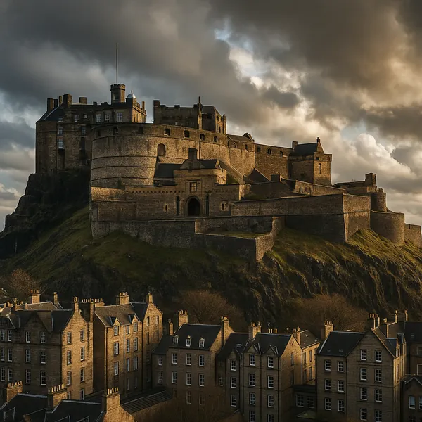Discover a puzzle with a dramatic stone castle perched on a rugged hill above a row of old townhouses, bathed in warm golden light against a moody, cloud-filled