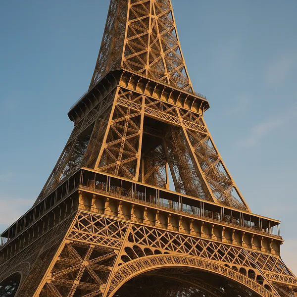 Discover a puzzle with a close-up view of the Eiffel Tower bathed in warm golden light against a soft blue sky — the detailed iron lattice and elegant arches cr