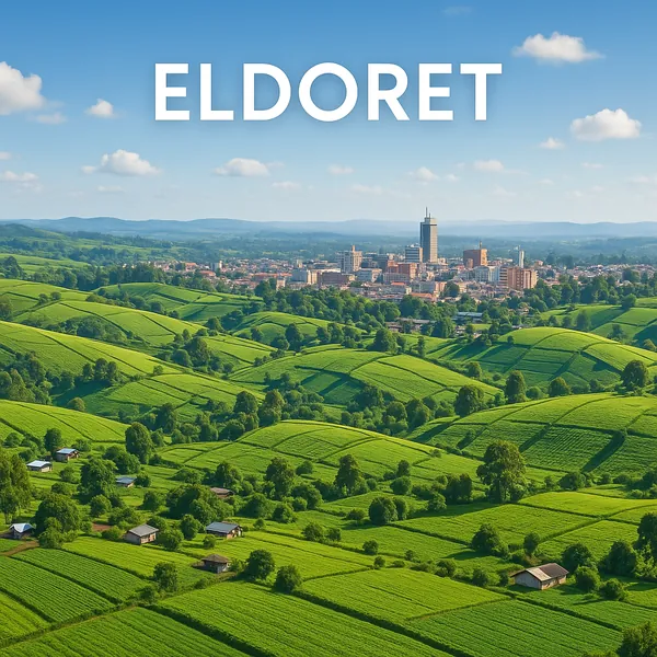 Discover a puzzle with a sunlit panorama of rolling emerald fields dotted with small farmhouses, gently rising toward a distant city skyline under a bright blue