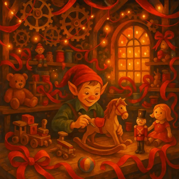 Enjoy an online jigsaw puzzle designed for browser play, featuring a cozy toy workshop scene with a cheerful elf and holiday toys.