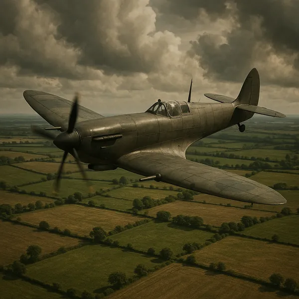 Discover a puzzle with a vintage fighter plane gliding above a patchwork of green and golden fields under a brooding, cloud-filled sky.