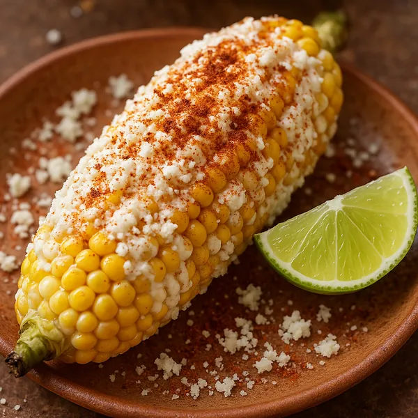 Discover a puzzle with a close-up of a tasty elote — a golden corn on the cob smeared with crumbly white cheese and dusted with reddish chili powder, paired wit