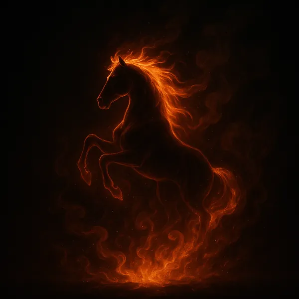 Enjoy an online jigsaw puzzle designed for browser play, featuring a dramatic, fiery horse rising from glowing embers in a fantasy-inspired scene.