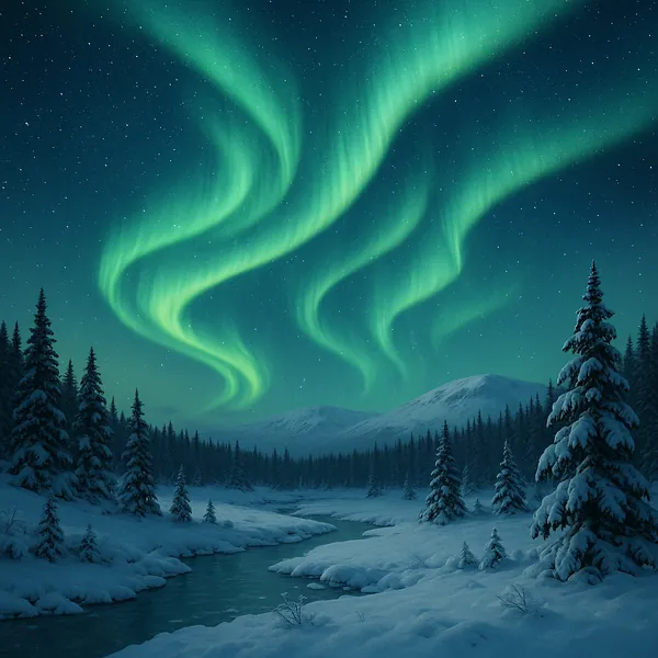 Discover a puzzle with a magical view of the northern lights dancing above a snowy forest and meandering river.