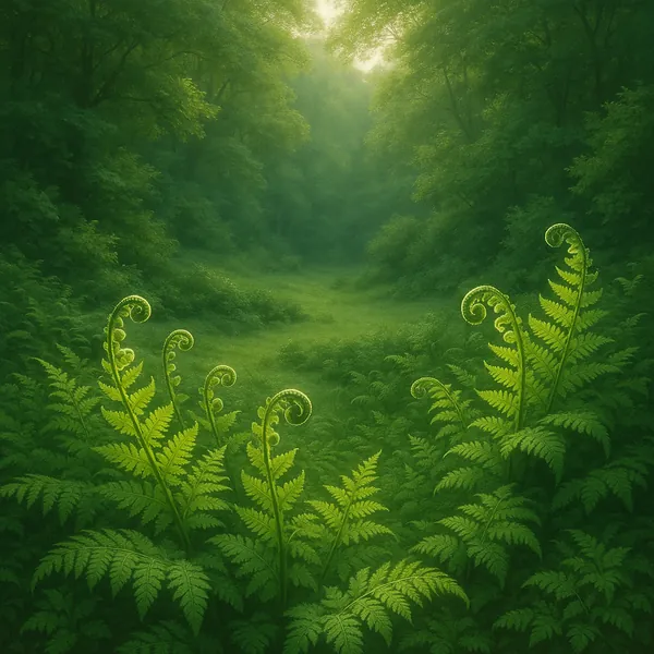 Discover a puzzle with a lush, green forest scene where bright fern fronds and graceful curled fiddleheads fill the foreground and a misty, tree-lined clearing