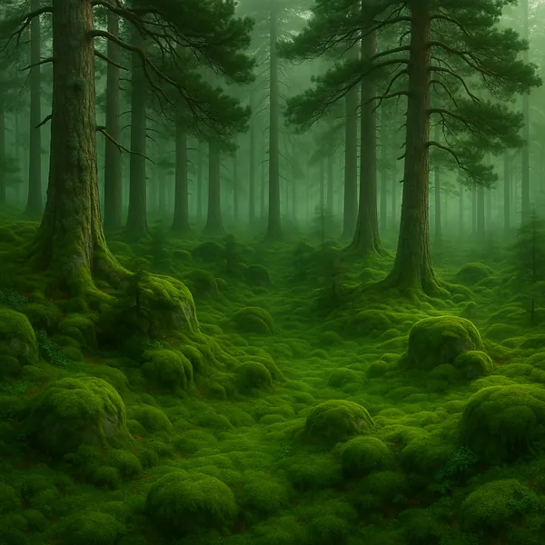 Discover a puzzle with a tranquil, mossy forest scene filled with deep emerald greens, soft rolling mounds of velvety moss, and tall pine trunks fading into a g