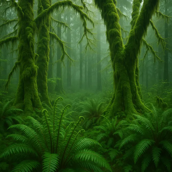 Enjoy an online jigsaw puzzle designed for browser play, featuring a lush, moss-draped forest scene full of vibrant greenery and ancient trees.