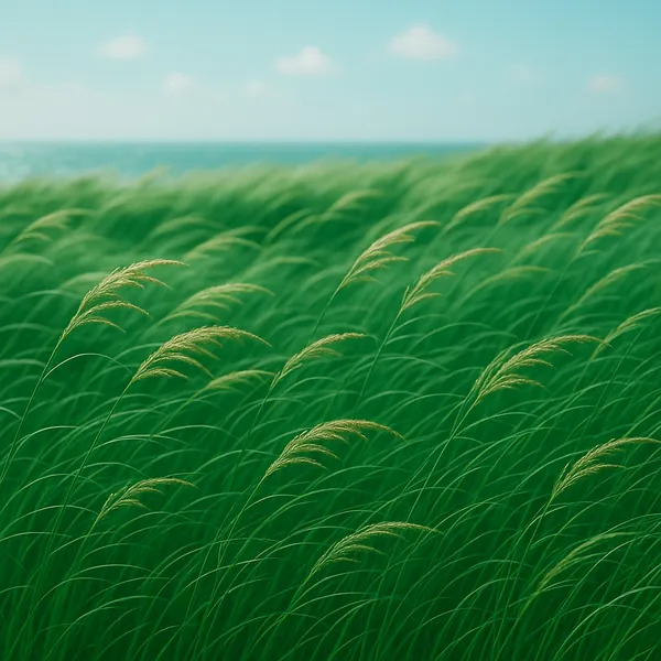 Discover a puzzle with a windswept coastal meadow where tall, emerald-green grasses sway toward a soft blue horizon and a pale sky dotted with wispy clouds.
