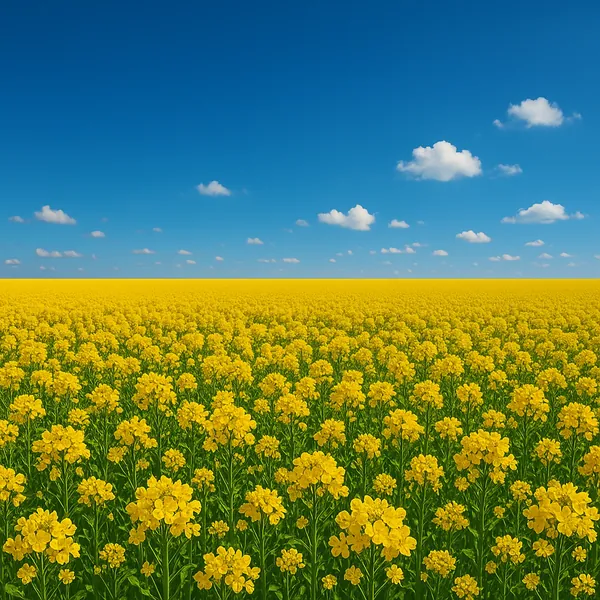 Discover a puzzle with a vast field of golden yellow flowers stretching to the horizon beneath a brilliant blue sky dotted with soft white clouds.