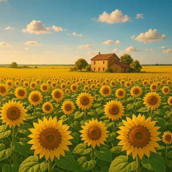 Discover a puzzle with a sun-soaked sunflower field stretching to the horizon, punctuated by a rustic farmhouse under a bright blue sky dotted with fluffy white