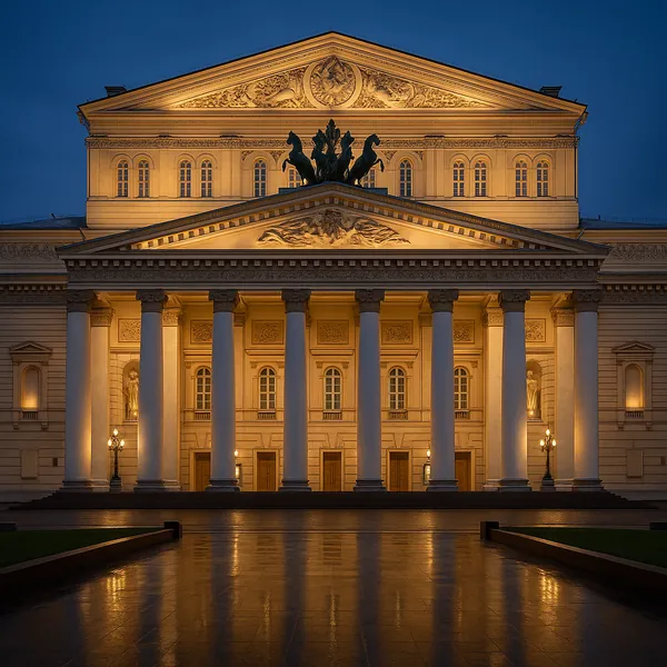 Enjoy assembling a puzzle depicting an illuminated neoclassical facade at dusk, with tall white columns, sculpted pediments, and warm golden lights against a de