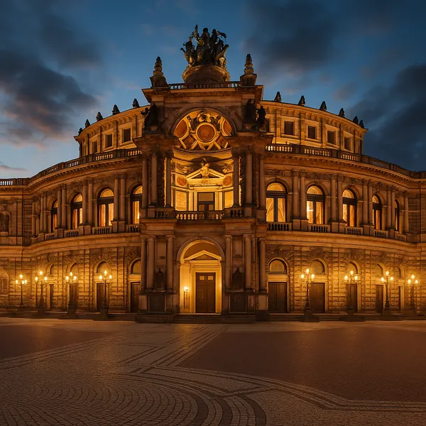Discover a puzzle with a beautifully lit historic theater at dusk, its warm golden windows and ornate stone façade glowing against a deep blue, cloud-streaked s