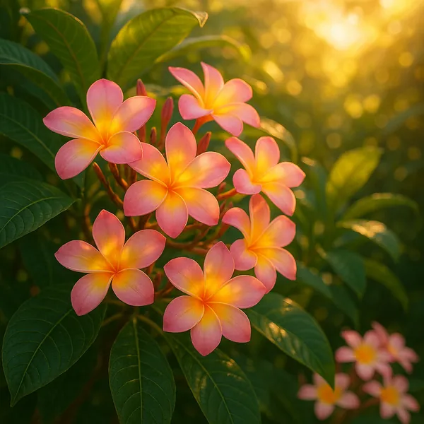 Discover a puzzle with a close-up of pink and golden plumeria blossoms glowing in warm, late-afternoon light.