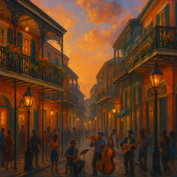 Enjoy assembling a puzzle depicting a warm, twilight street scene alive with music and soft lamplight.