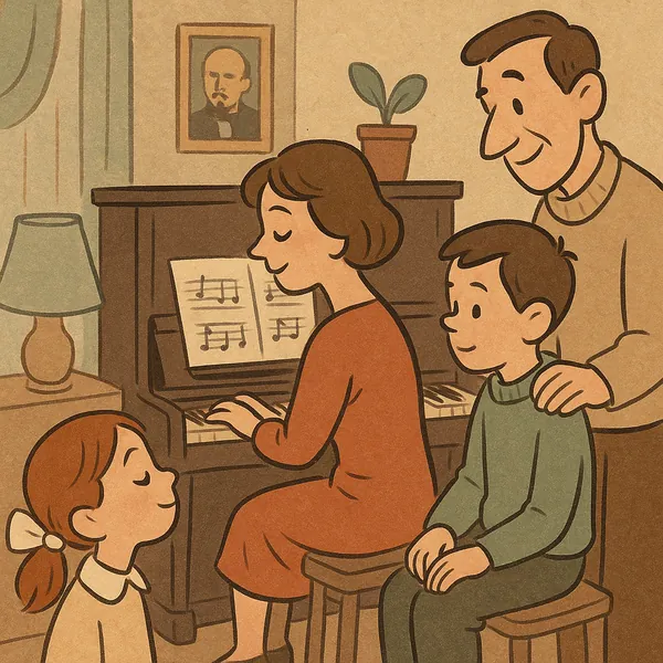 Enjoy an online jigsaw puzzle designed for browser play, featuring a cozy family scene centered around music and home life.