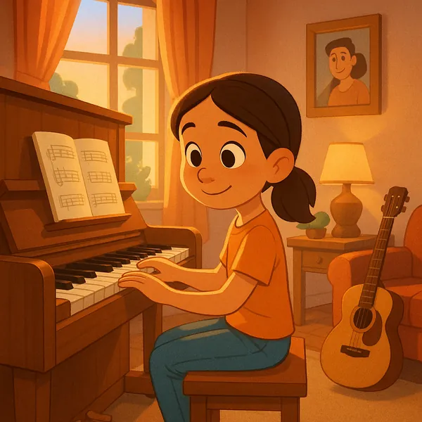 Enjoy an online jigsaw puzzle designed for browser play, featuring a warm, music-themed scene of a child at a piano in a cozy living room.