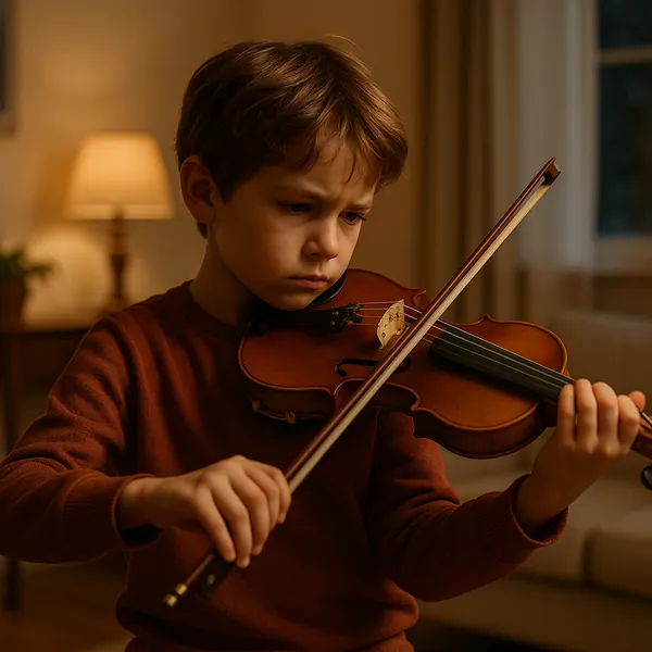 Enjoy an online jigsaw puzzle designed for browser play, featuring a young musician practicing the violin in a cozy interior — a warm, musical scene perfect for