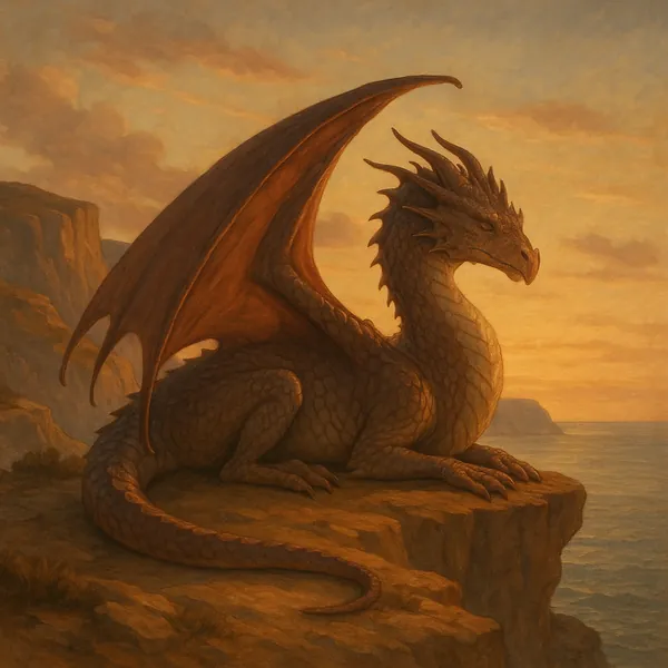 Enjoy assembling a puzzle depicting a majestic dragon resting on a rocky cliff at sunset, its scaled body and outstretched wing bathed in warm golden and amber