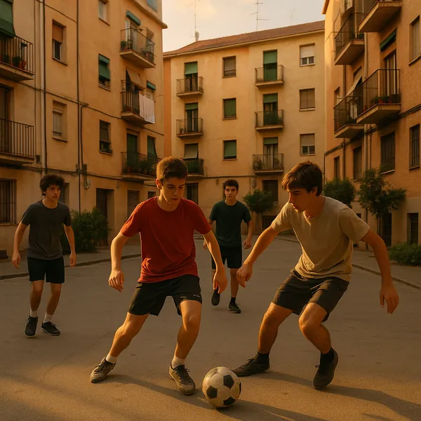 This online jigsaw puzzle features a sunlit urban scene of youth and street soccer, perfect for a browser play session focused on city life and sports.