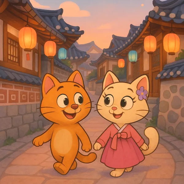 Enjoy assembling a puzzle depicting two adorable cartoon cats strolling down a lantern-lit, cobblestone street in a charming traditional village at sunset.