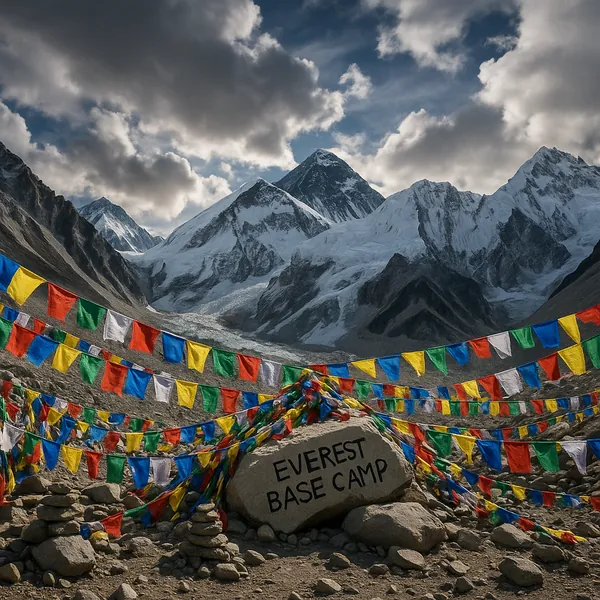Discover a puzzle with a dramatic Himalayan scene at Everest Base Camp, where colorful Tibetan prayer flags flutter across a rocky foreground against towering s