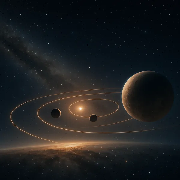 Enjoy an online jigsaw puzzle designed for browser play, featuring a tranquil space scene of planets, moons, and luminous orbital paths.