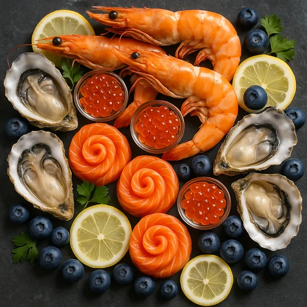 Discover a puzzle with a vibrant gourmet seafood platter arranged on a dark slate — plump orange prawns, rose-shaped slices of salmon, glossy salmon roe in glas