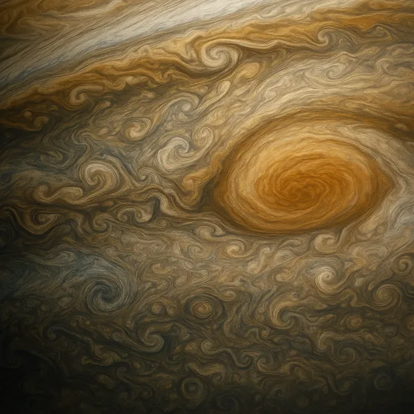 Discover a puzzle with a swirling, abstract storm of warm amber, ochre, and muted gray tones that resembles a distant planetary vortex.