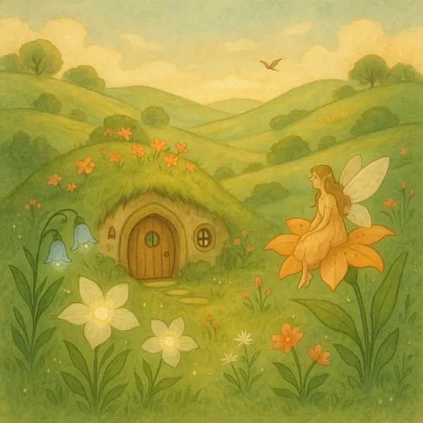 Discover a puzzle with a whimsical fairy cottage tucked into rolling green hills, where a delicate winged sprite sits on a golden blossom amid a meadow of paste