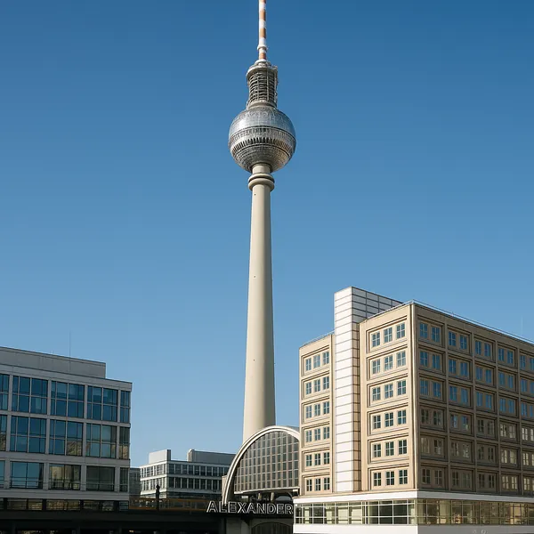 Discover a puzzle with a striking cityscape centered on a tall observation tower rising against a clear blue sky, flanked by modern office buildings with soft b