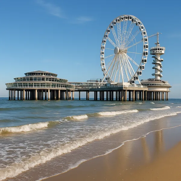 Discover a puzzle with a sunlit seaside pier crowned by a large Ferris wheel and a spiral observation tower, set against a clear blue sky.