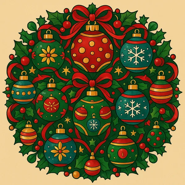 Enjoy an online jigsaw puzzle designed for browser play, featuring a festive holiday wreath made of colorful Christmas baubles, holly leaves, and curling red ri