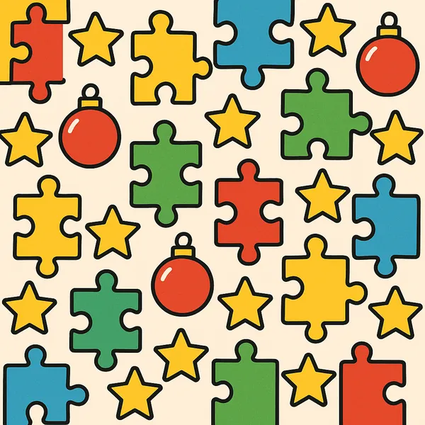 Play an online jigsaw puzzle in your browser that shows a bright, festive pattern of colorful puzzle pieces, golden stars, and red baubles — a playful holiday a