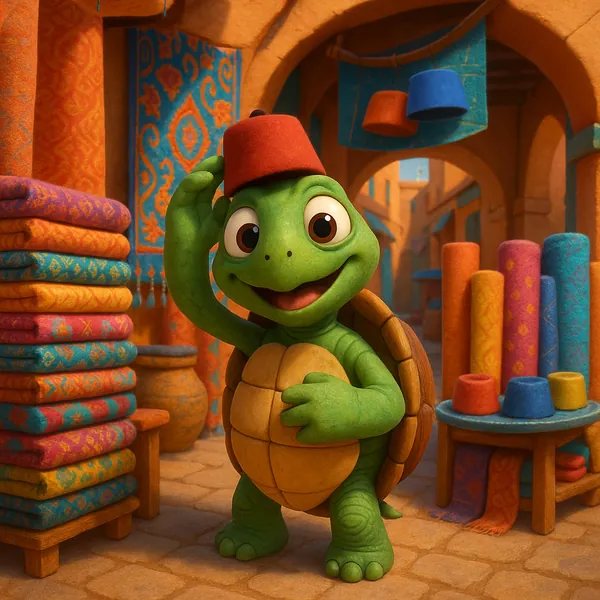 Enjoy assembling a puzzle depicting a cheerful cartoon turtle in a sunlit market, tipping a tiny red fez amid stacks of richly patterned textiles and rolled rug