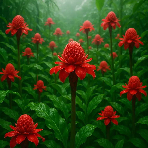 Discover a puzzle with a misty field of jewel-red torch ginger flowers rising above lush, glossy green leaves on PuzzleFree.Game.