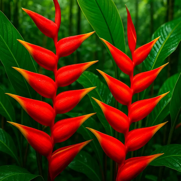 Discover a puzzle with striking red heliconia blooms rising in two symmetrical stalks against a deep, leafy green rainforest backdrop.