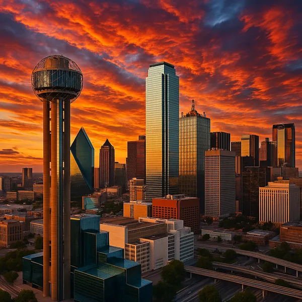 Discover a puzzle with a dramatic city skyline at sunset, featuring Dallas’s Reunion Tower and shimmering glass skyscrapers beneath a fiery orange and crimson s