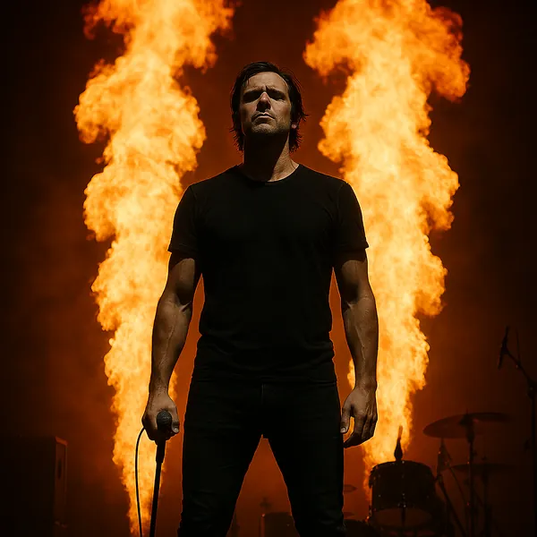 Play an online jigsaw puzzle in your browser that shows a dramatic concert scene with a lone performer silhouetted against towering flames.