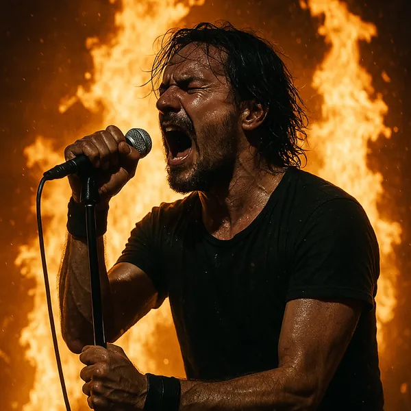 Enjoy an online jigsaw puzzle designed for browser play, featuring a fiery live music scene with a passionate singer at center stage.